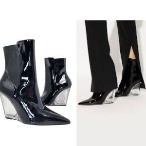 Stuart Weitzman lucite 100 patent leather ankle boots clear wedge heel